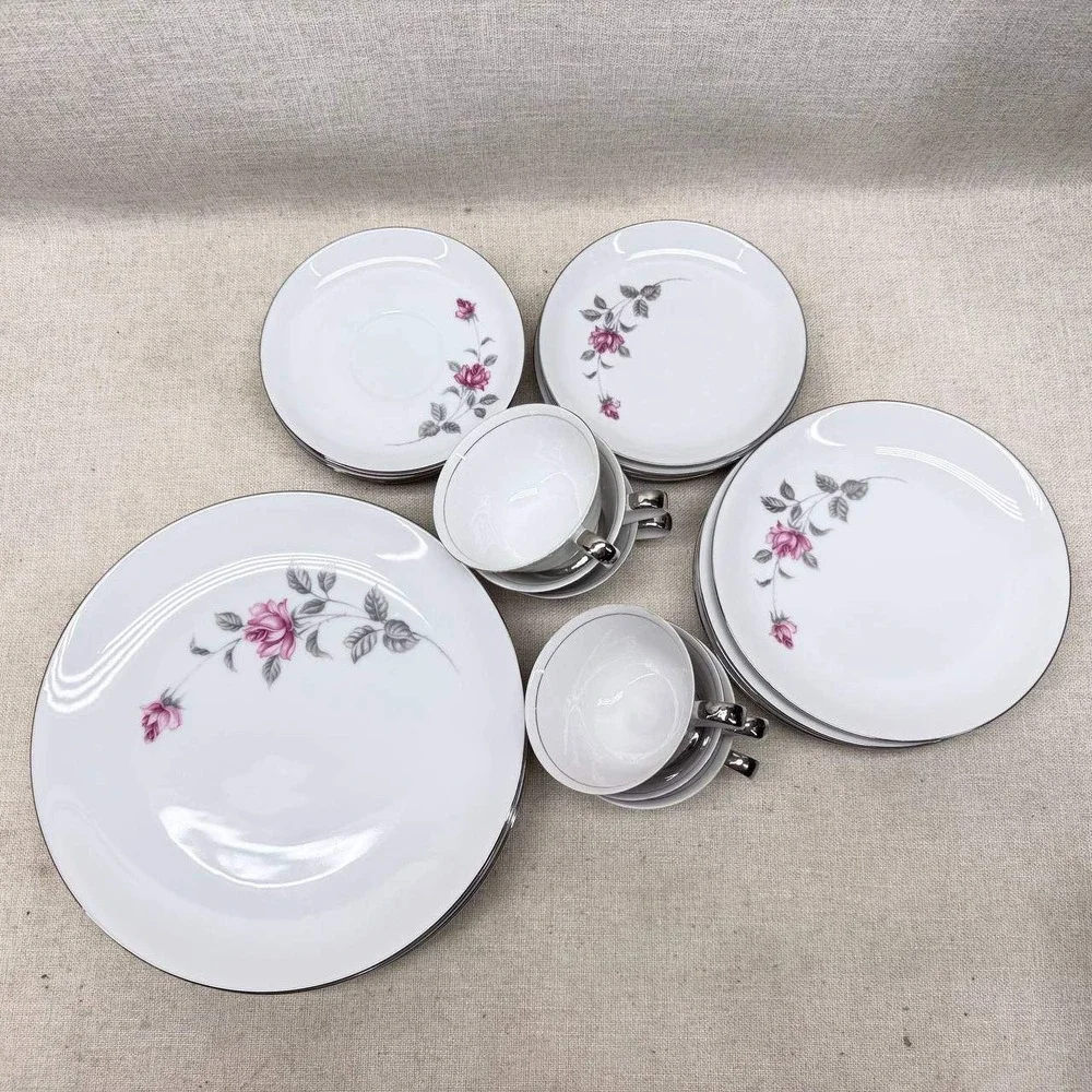 Lennold Fine China Enchanted Rose 1583 Japan Dinnerware Set Pink Floral Silver